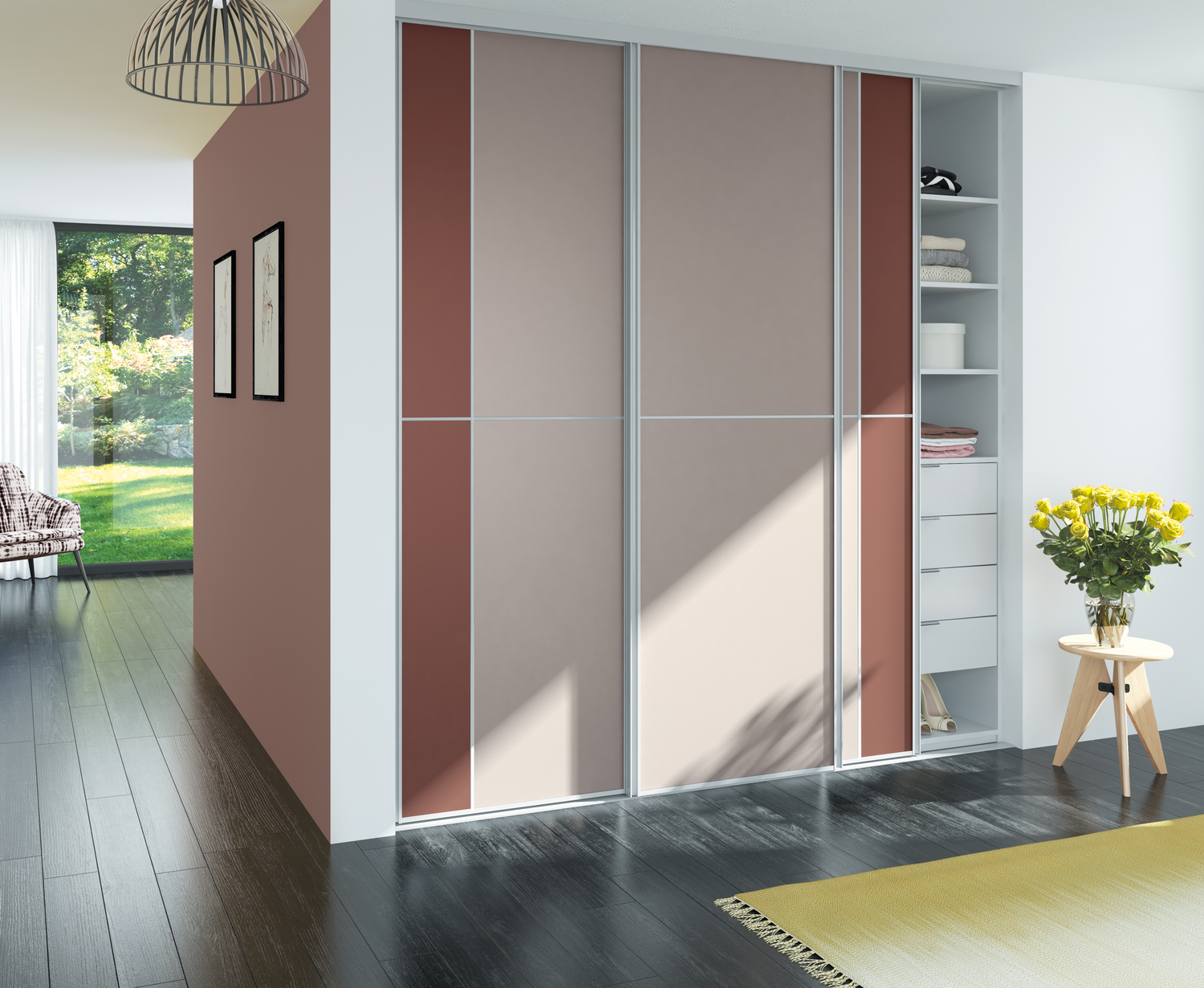 Dressing composable H2552 avec portes coulissantes Sillage terracotta, beige et rose, aménagement intérieur sur mesure avec étagères et tiroirs.