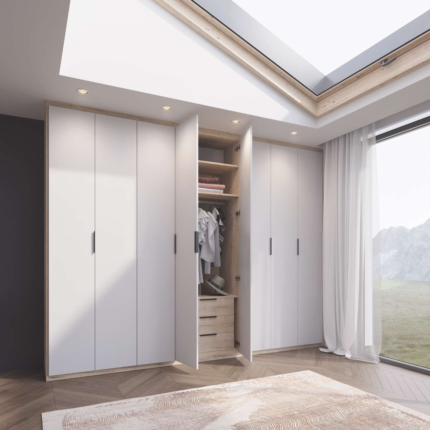 Dressing H2450 chêne Halifax blanc avec portes extra mat blanc et poignées noires, sous combles avec penderie, étagères et tiroirs — réalisation cuisiniste Normandie.