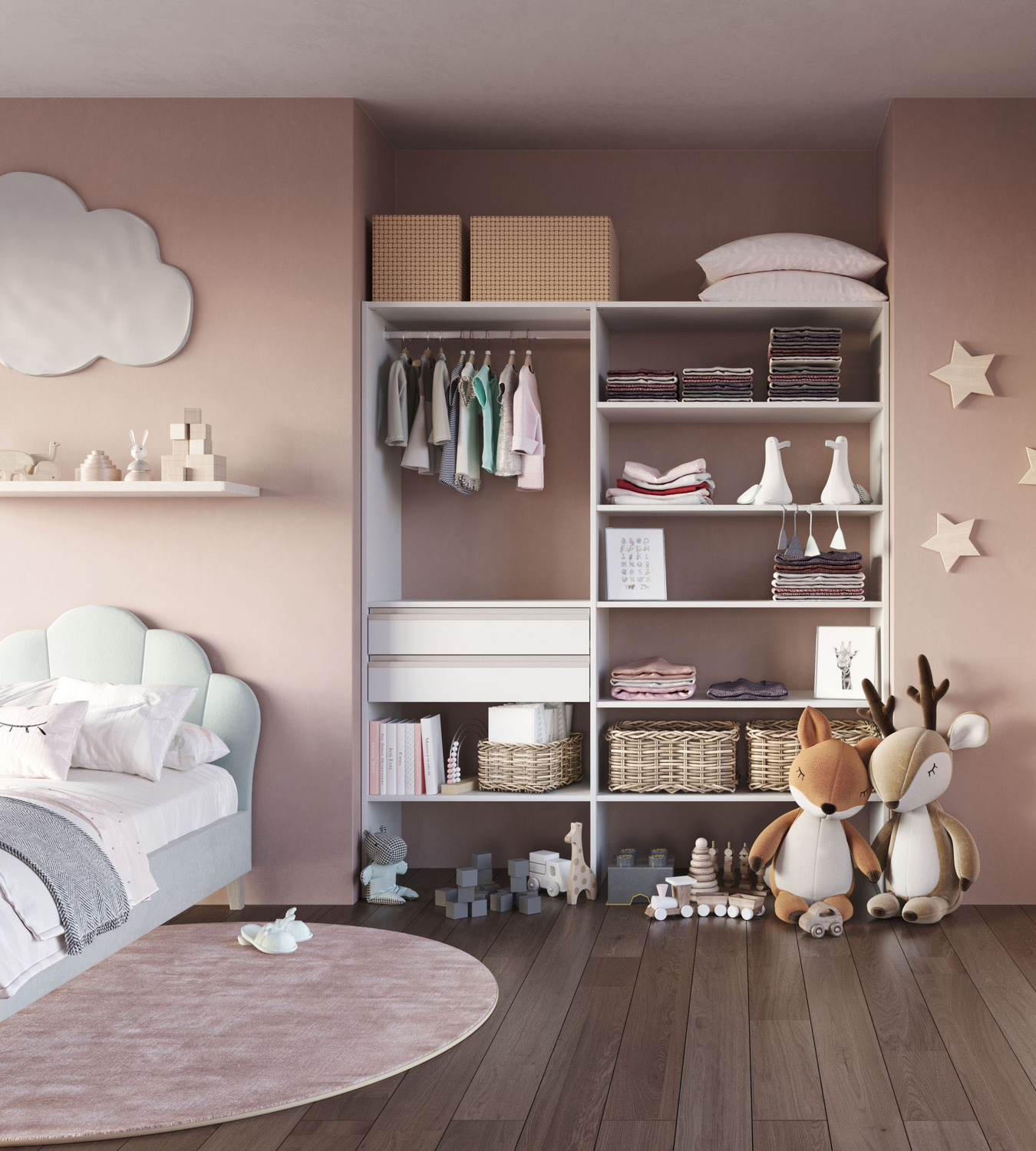 Dressing éco H2036 blanc ouvert dans une chambre d’enfant : étagères, penderie, tiroirs et paniers de rangement sur mesure.