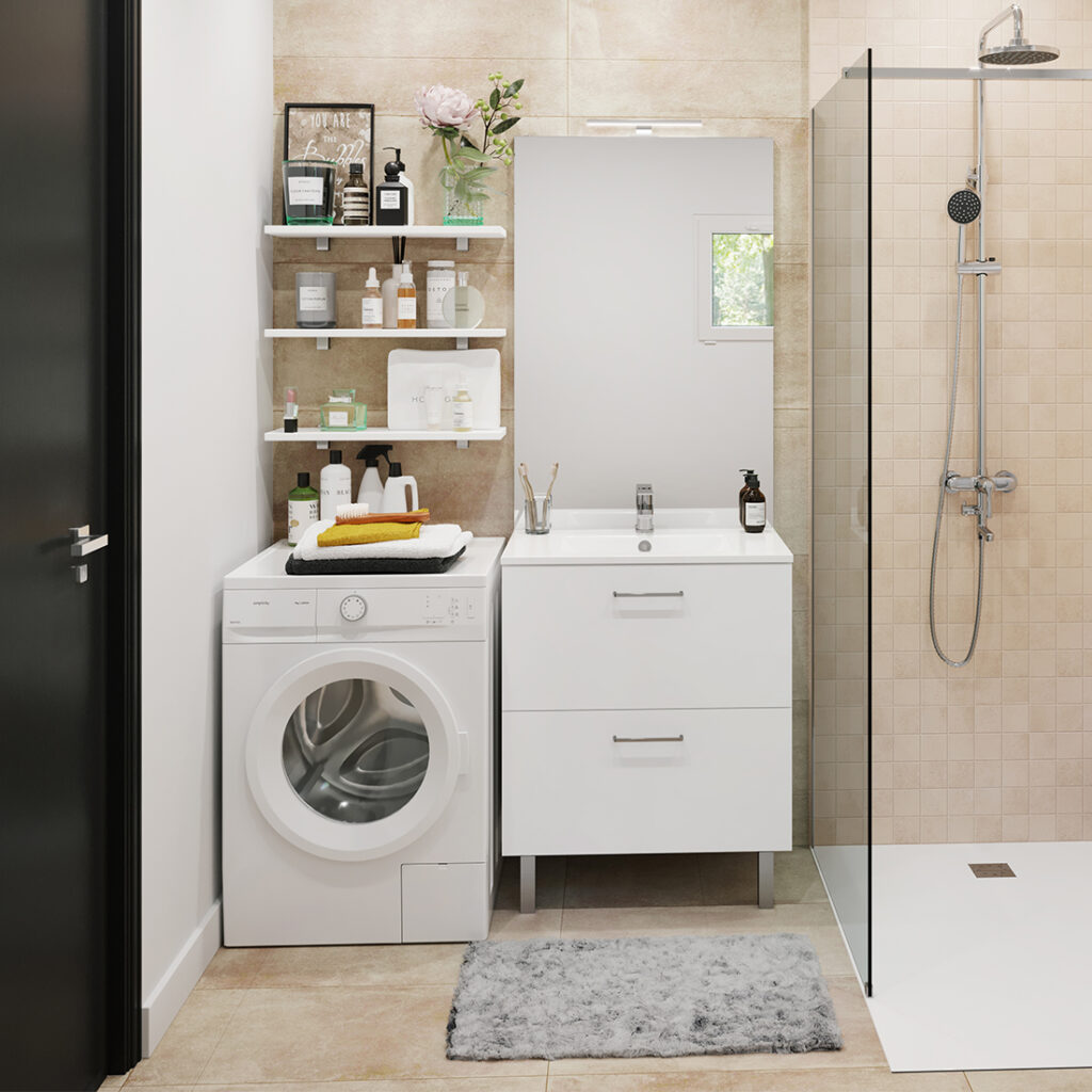 Meuble de salle de bains Chango blanc sur pieds avec double tiroir, vasque intégrée et miroir — coin buanderie avec lave-linge dans un espace compact.